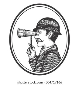 Vector illustration of engraved Victoria gentleman - searching for information concept as a vintage man in oval frame looking through binoculars
