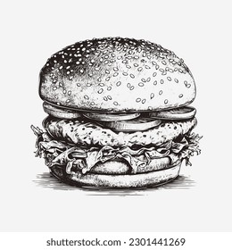 Vector illustration engraving american burger vector hamburger vintage style isolated on white