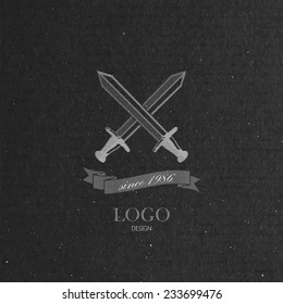 vector illustration with engraving crossing swords and ribbon  in flat style on cardboard texture. Logo design 