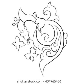 Vector illustration for an engraving. A flower curl with a skull and butterflies
