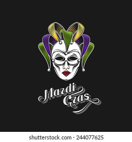 vector illustration of engraving Mardi Gras or Shrove Tuesday carnival mask emblem and ornate lettering logo. jester symbol