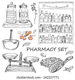 vector illustration of engraving pharmacy hands drawing