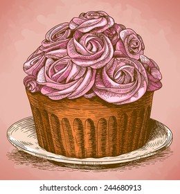 vector illustration of engraving pink cake 