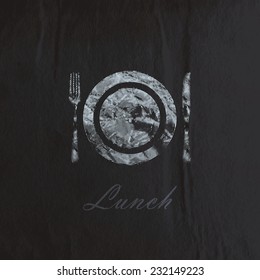 vector illustration of  engraving plate and cutlery on the black wrinkled paper texture. lunch time concept