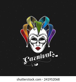 vector illustration of engraving rainbow carnival mask emblem and ornate lettering logo. Masquerade symbol