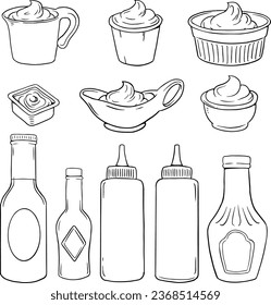 Vector illustration of an engraving style set of different sauces in saucepans and bottles. Ketchup, yogurt, sour cream, mayonnaise, mustard, tar tare sauce, vassabi - Food illustration - Line vector