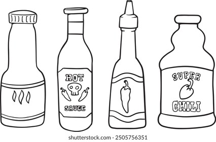 Vector illustration of an engraving style set of different sauces in saucepans and bottles. Ketchup, yogurt, tar tare sauce, vassabi - Food illustration - Line vector