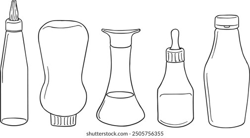 Vector illustration of an engraving style set of different sauces in saucepans and bottles. Ketchup, yogurt, mayonnaise, mustard, tar tare sauce, vassabi - Food illustration - Line vector