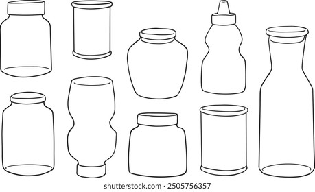 Vector illustration of an engraving style set of different sauces in saucepans and bottles. Ketchup, yogurt, sour cream, mayonnaise, mustard, tar tare sauce, vassabi - Food illustration. Vector set