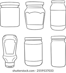 Vector illustration of an engraving style set of different sauces in saucepans and bottles. Ketchup, yogurt, sour cream, mayonnaise, mustard, tar tare sauce, vassabi - Food illustration, Vector set