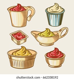 Vector illustration of an engraving style set of different sauces in saucepans. Ketchup, yogurt, sour cream, mayonnaise, mustard, tar tare sauce, vassabi closeup isolated on light background