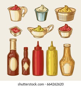 Vector illustration of an engraving style set of different sauces in saucepans and bottles. Ketchup, yogurt, sour cream, mayonnaise, mustard, tar tare sauce, vassabi