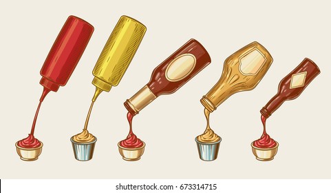 Vector illustration of an engraving style set of different sauces are poured from bottles into bowls. Ketchup, mayonnaise, mustard, chilli sauce and others