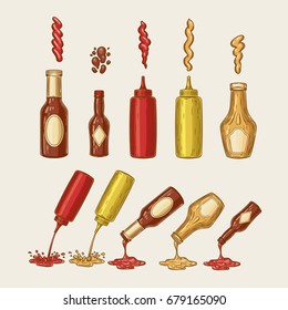 Vector illustration of an engraving style set of different sauces are poured from bottles. Ketchup, mayonnaise, mustard, chilli sauce and others