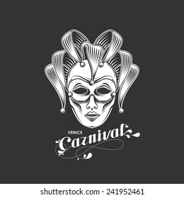 vector illustration of engraving venetian carnival mask emblem and ornate lettering logo. Venice carnival symbol