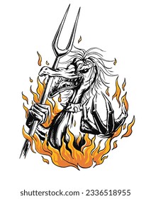 Vector illustration of enigmatic shaman duck engulfed in flames. Perfect for Halloween projects and horror designs. Captivate with spine-chilling allure.