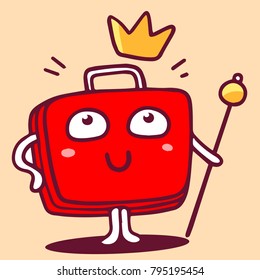 Vector illustration of enjoy red color character suitcase with yellow crown. Royal sticker. Doodle style. Flat line art style design of cool character