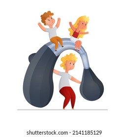 Vector illustration enlarged hearing aid on which children are sitting. Concept treatment of hearing loss, deafness in children, pediatrics. You can use in design of posters, banners, web design, etc.