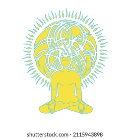 Vector illustration of enlightened in the lotus position. Buddha, buddhism, yoga, meditation. Hand drawn style.
