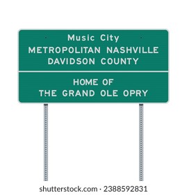 Vector illustration of the entering Nashville (Tennessee) green road sign on metallic posts