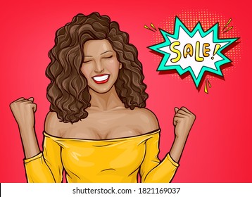 Vector illustration of an enthusiastic african american woman. Delighted black girl thinking about a sale. Advertising poster for the announcement of discounts and sales in the style of pop art.