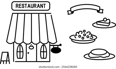 Vector illustration of the entire exterior of the restaurant building and menu icons