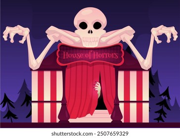 Vector illustration of entrance to horror house. Creepy house with skeleton with skull and long arms on roof. Carnival fair, amusement park on night forest background. Halloween. Flat style.