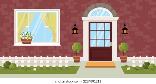 Vector illustration of entrance to the house. City building entrance with flower lawn, fence, flowerpots, lamps, arched door on cartoon style.