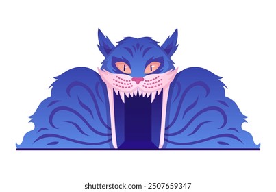 Vector illustration of the entrance to the house of horrors on Halloween with a monster cat. The open mouth shows sharp teeth, creating an eerie atmosphere.