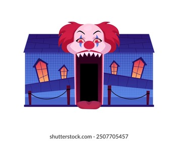 Ilustración vectorial de la entrada a la casa de los horrores para Halloween con un payaso. La boca abierta muestra la lengua y los dientes afilados para crear una atmósfera espeluznante festiva.