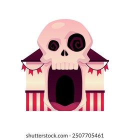 Vector illustration of the entrance to the house of horrors for Halloween with a skull. The open mouth shows the tongue and teeth to create a creepy atmosphere.