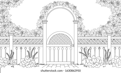 Vector illustration, entrance to the spring garden with roses, coloring book.