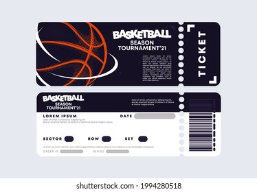 Vector illustration of the entrance ticket template for a basketball game, tournament, stylish dark design with the outline of a basketball ball