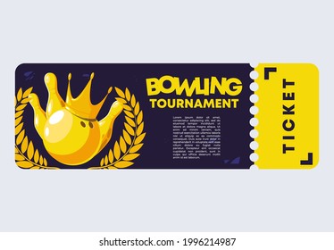 Vector illustration of the entrance ticket template for a bowling tournament, with golden pins and a golden bowling ball on a dark background