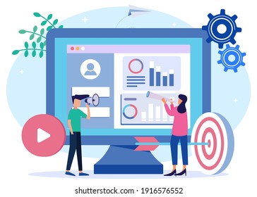 Vector illustration of an entrepreneur building a digital business. mobile screen with a website. Income, online business promotion, takeoff ranking from work, ideas.