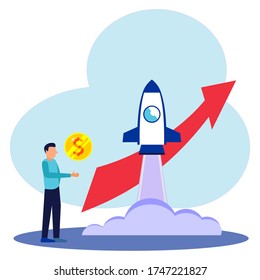 Vector illustration of entrepreneur character of a person building his business more advanced. setting up a start-up business project. The emergence of a career towards success, flat color icons. 