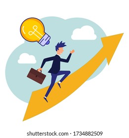 Vector illustration of entrepreneur character thinking of an idea. setting up a start-up business project. The emergence of a career towards success, flat color icons, business analysis.