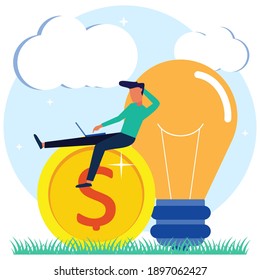 Ilustración vectorial, emprendedores e ideas de concepto creativo sobre la clave del éxito, bombillas y símbolos, buscando un nuevo pensamiento creativo, invirtiendo e invirtiendo dinero en ideas.