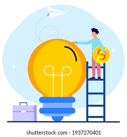 Vector illustration, entrepreneur and creative concept ideas about the key to success, light bulbs and symbols, looking for new creative thinking, investing and investing money in ideas.