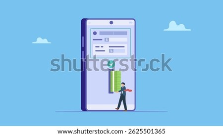 Vector illustration of entrepreneurs get business capital through applications. Online transaction, fintech, mobile banking app concept.