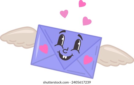 Vector illustration of an envelope with angel wings and hearts. Valentine's Day, a message of love, February 14th. Be my Valentine. An envelope with sweet emotions.