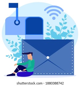 Vector illustration, envelope containing a letter, young man texting, receiving mail, sorting, web mail or mobile service layout for website titles.