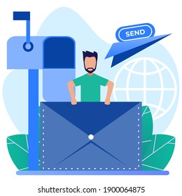 Vector illustration, envelope containing a letter, young man texting, receiving mail, sorting, web mail or mobile service layout for website titles.