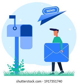 Vector illustration, envelope containing a letter, young man texting, receiving mail, sorting, web mail or mobile service layout for website titles.