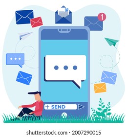 Vector illustration, envelope containing a letter, young man texting, receiving mail, sorting, web mail or mobile service layout for website titles.