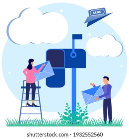 Vector illustration, envelope containing letters inside a smartphone, receiving letters, sorting, Web letters or mobile service layout for website headings.