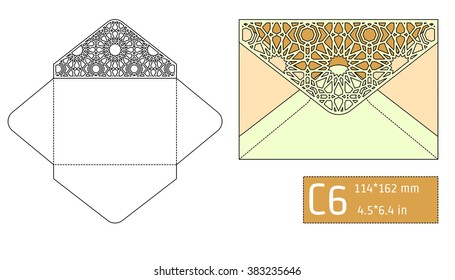 Vector Illustration of Envelope Die cut Mock up for Design, Website, Background, Banner. Blueprint texture for Gift Pack. Wedding Invitation Element Template. Yellow and gold