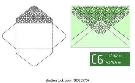Vector Illustration of Envelope Die cut Mock up for Design, Website, Background, Banner. Blueprint texture for Gift Pack. Wedding Invitation Element Template. Green