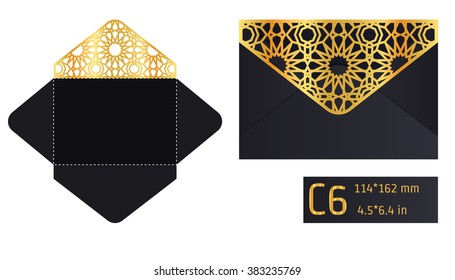 Vector Illustration of Envelope Die cut Mock up for Design, Website, Background, Banner. Blueprint texture for Gift Pack. Wedding Invitation Element Template. Gold and Black