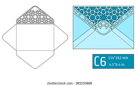 Vector Illustration of Envelope Die cut Mock up for Design, Website, Background, Banner. Blueprint texture for Gift Pack. Wedding Invitation Element Template. Blue
